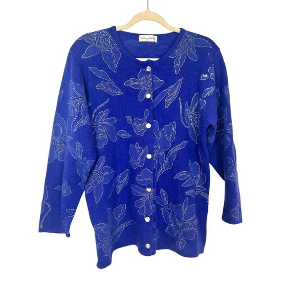 Lorette Abitbol Paris Cardigan Sweater Women Large Blue Floral Knit Pearl Button - Picture 1 of 13